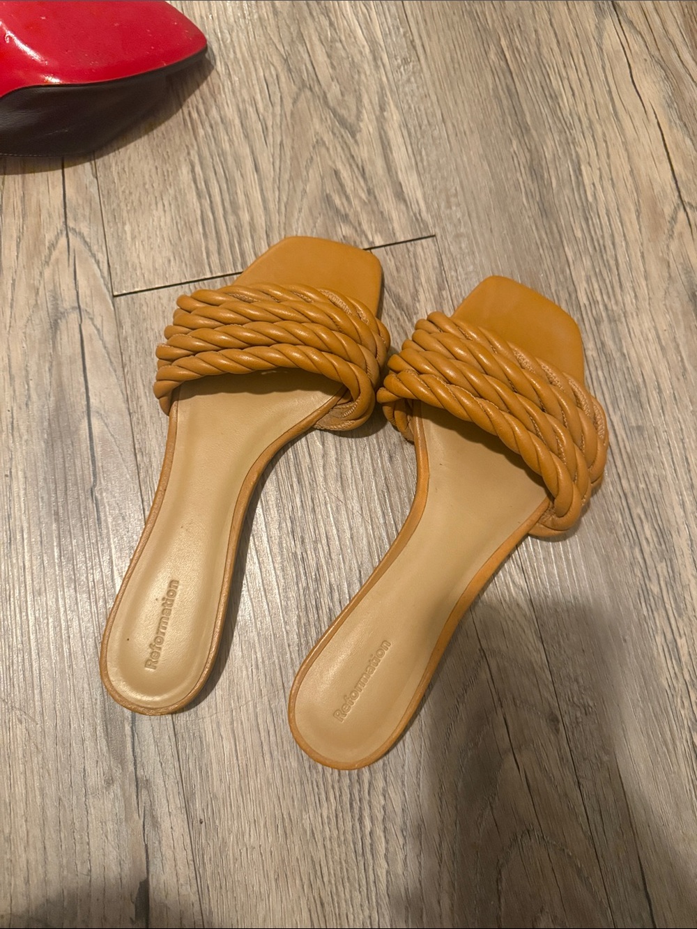 Braided Strap Slide Sandals in Cognac Tan